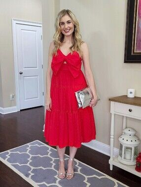 Vici Red Tie-Front With Bow Tiered Midi Dress